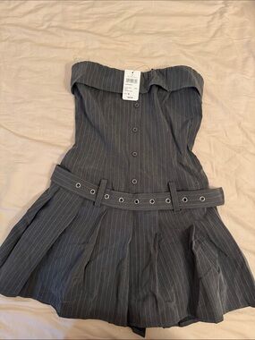 Windsor Charcoal Pinstripe Strapless Belted Dress